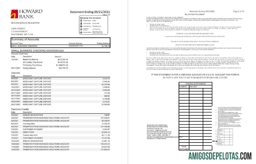Modelo de extrato bancário comercial para impressão nos EUA Maryland Howard Business, formato Excel e PDF (.xls e .pdf) (4 páginas)